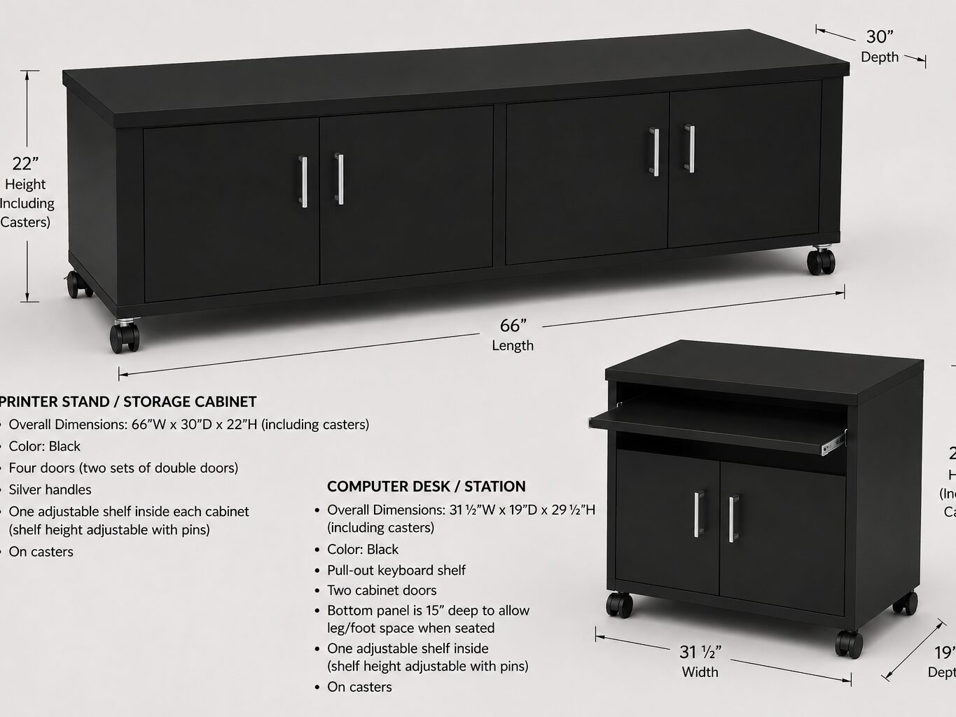 3D model and technical drawings for a custom printer stand and computer workstation